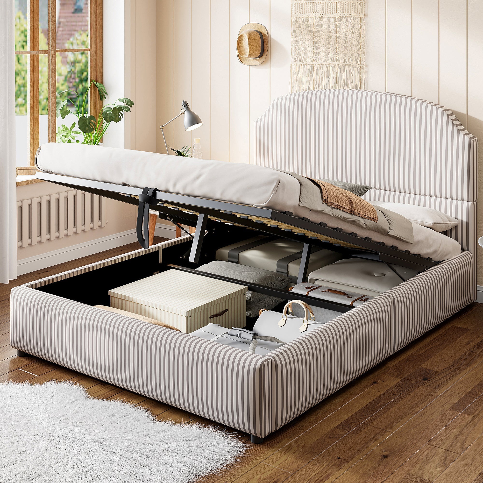 Upholstered Bed 140x200 with Hydraulic Storage and Wide Headboard, Striped Fabric White and Coffee