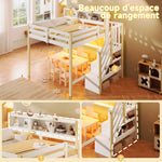 Loft Bed 140x200cm with LED Lights & Storage - White & Natural