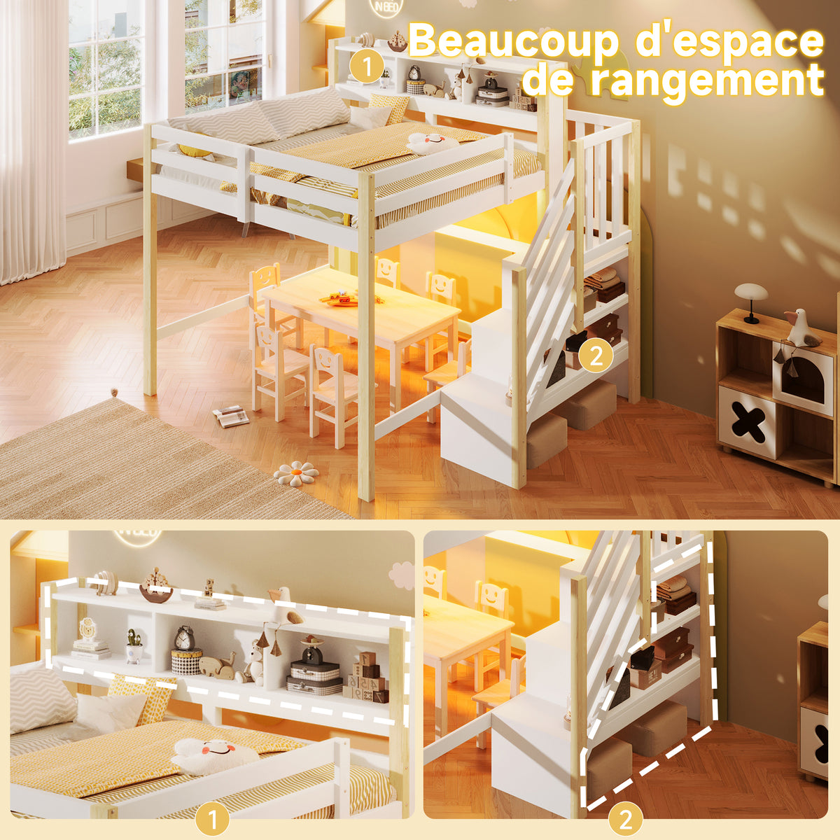 Loft Bed 140x200cm with LED Lights & Storage - White & Natural