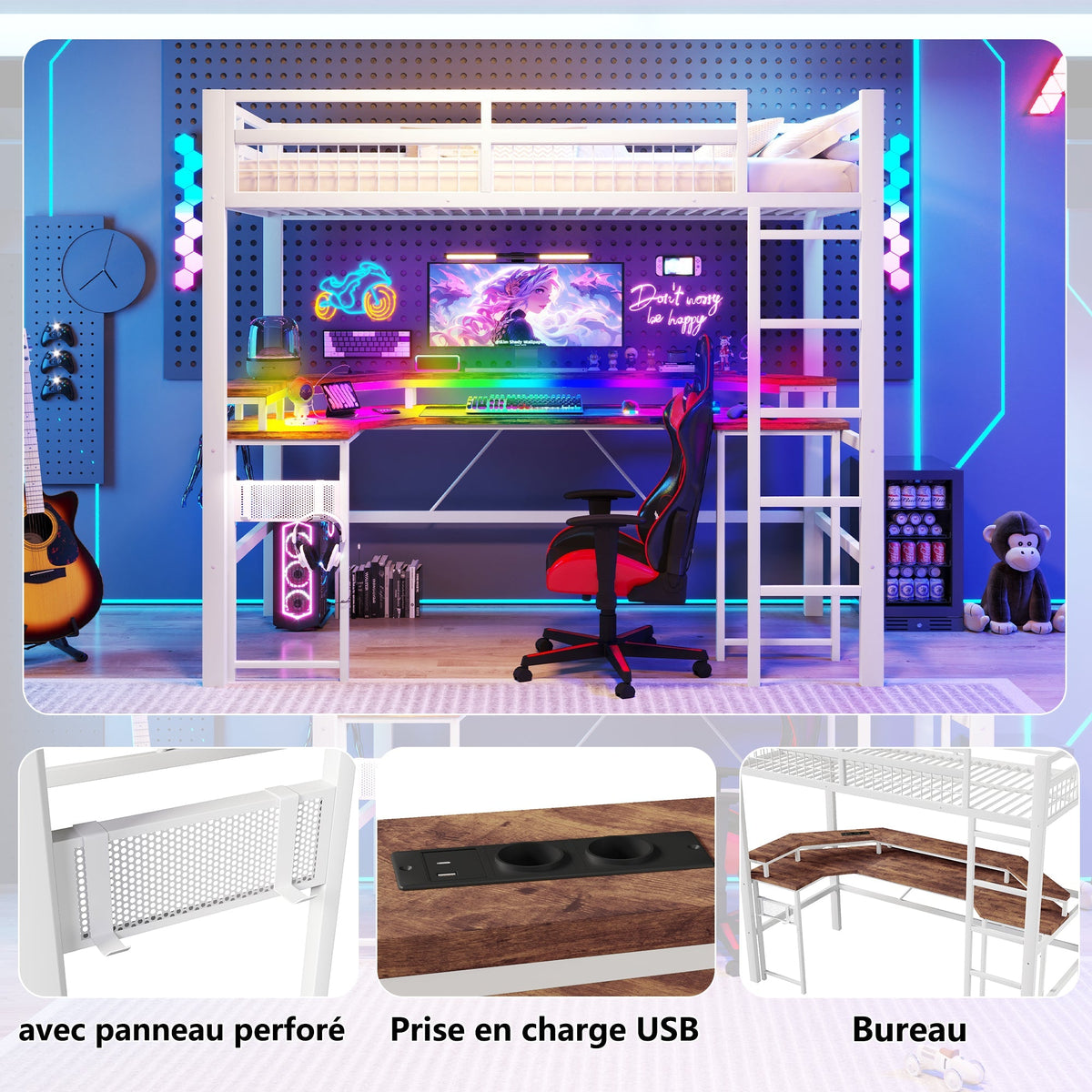 Loft Bed with Desk and LED Lights, USB Ports and Pegboard, White Iron Frame