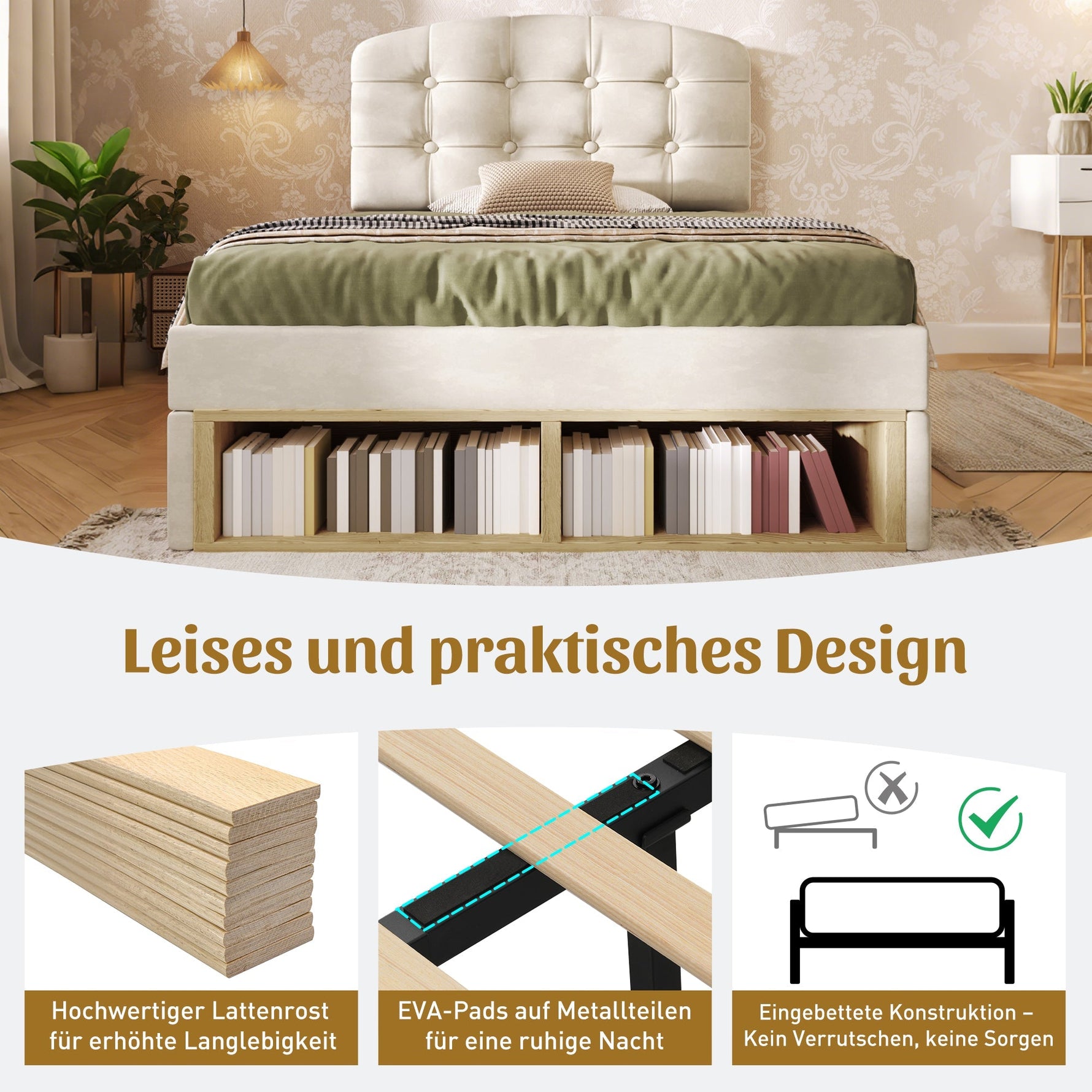 Upholstered Single Bed with Storage and Adjustable Headboard, 90x200cm, Beige Velvet
