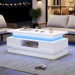 Liftable Coffee Table with 2 Drawers and LED Lighting, White Chipboard