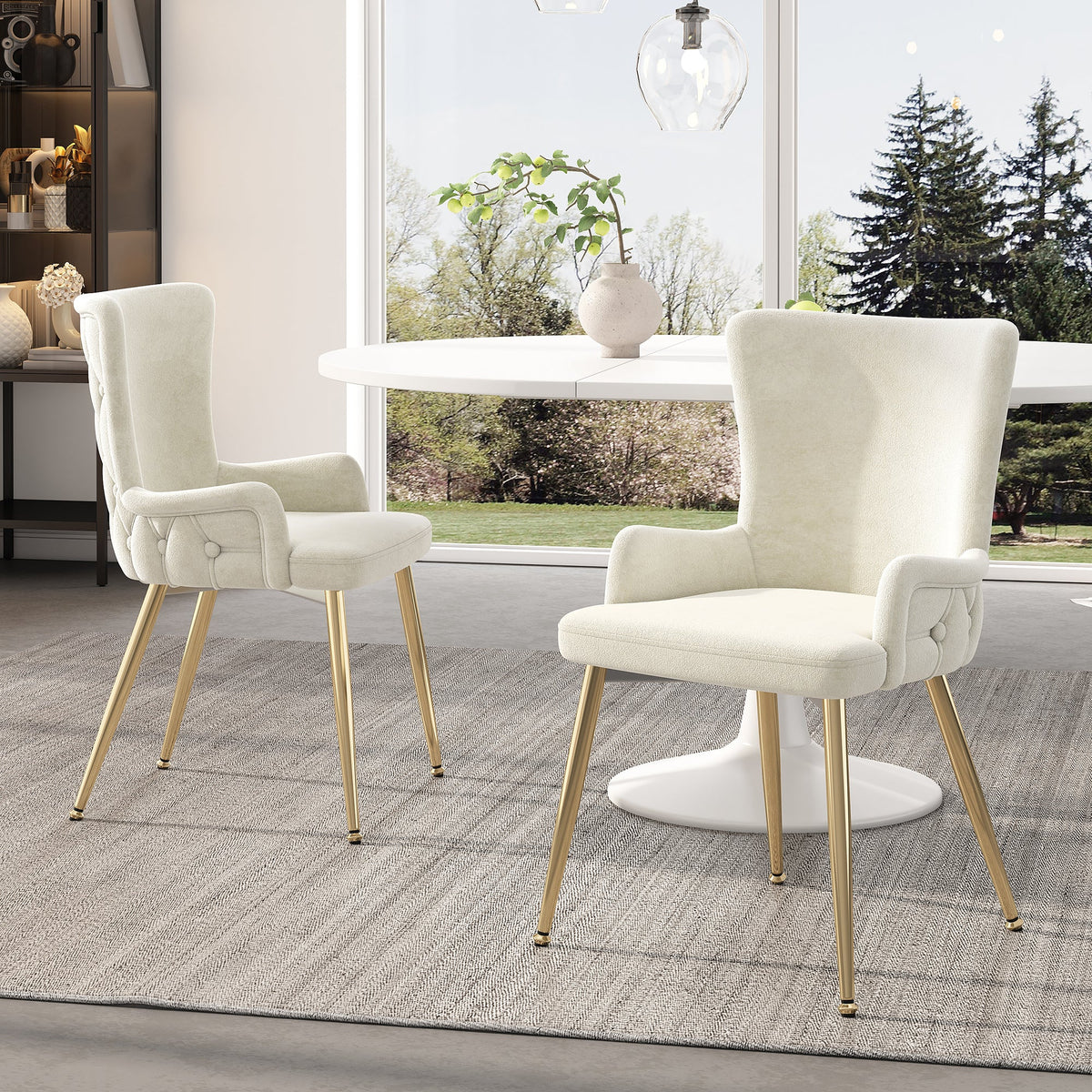 Velvet Dining Chair, Set of 6, Gold Metal Legs, Beige