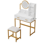 Modern Dressing Table with LED Mirror, Stool & Power Outlets, White