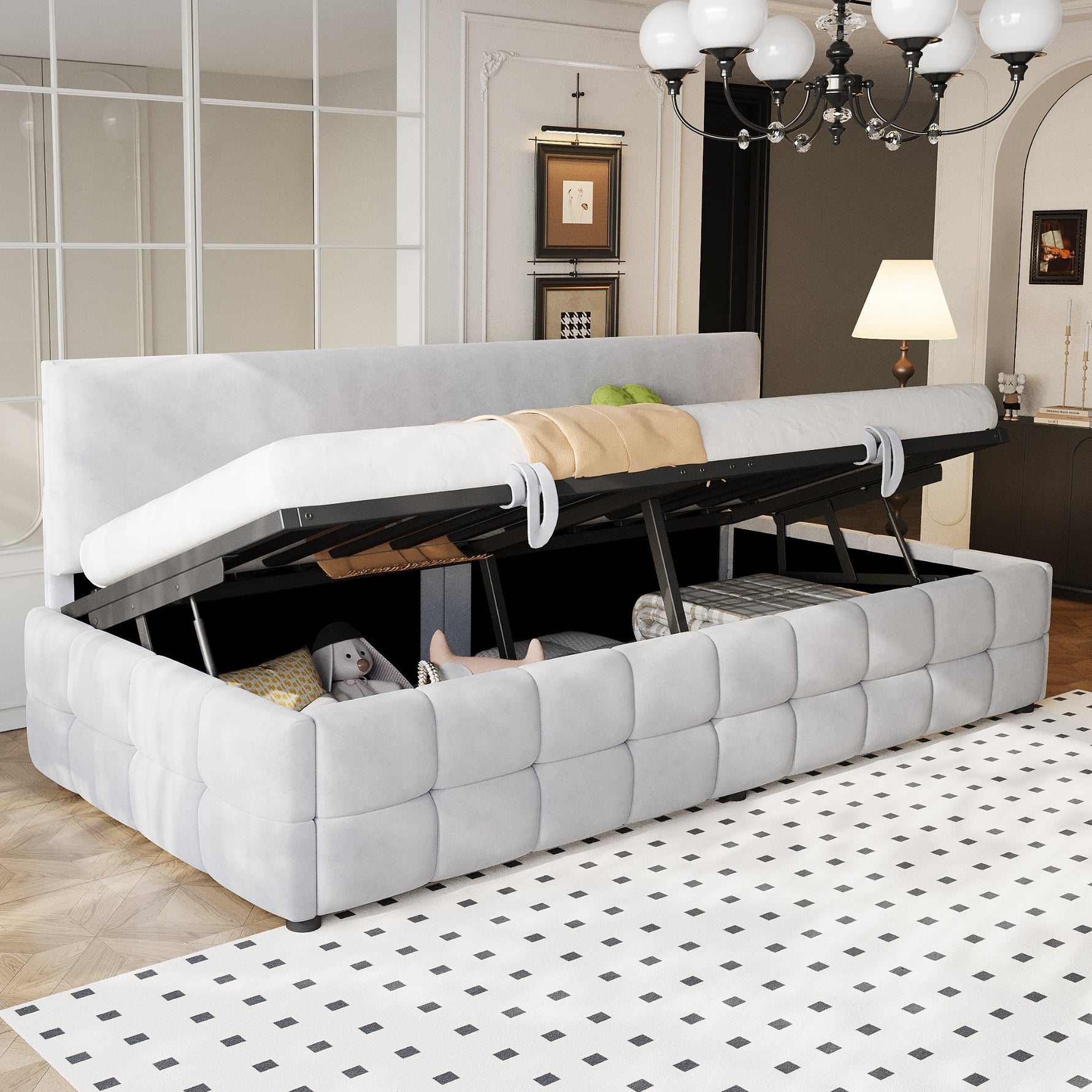 Upholstered Sofa Bed 90x200cm Hydraulic Storage Classic Check Pattern Light Grey Velvet