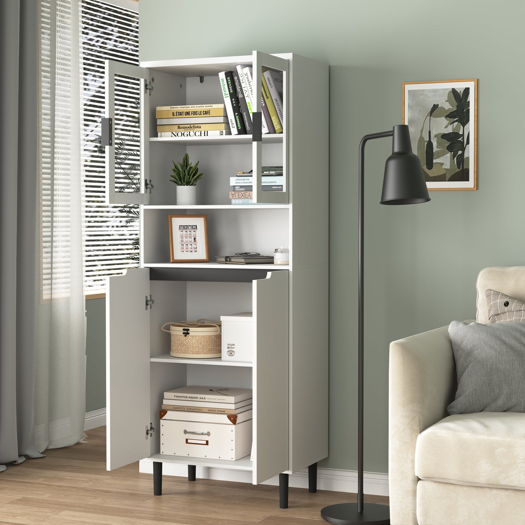 Tall Bookcase 4-Door Tempered Glass Adjustable Shelf - White
