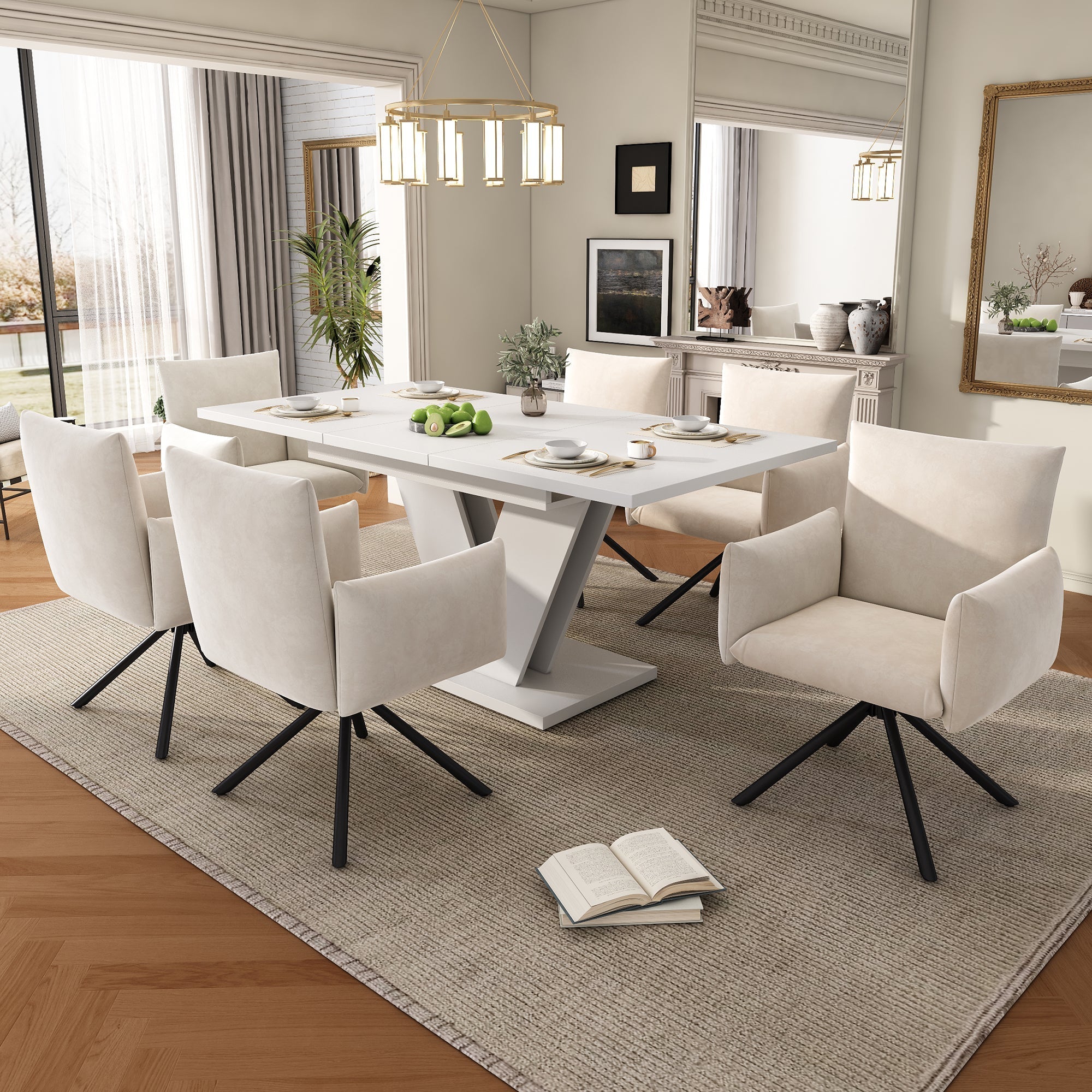 Extendable Dining Table Set with 6 Velvet Chairs and V-Shaped Legs, White and Beige