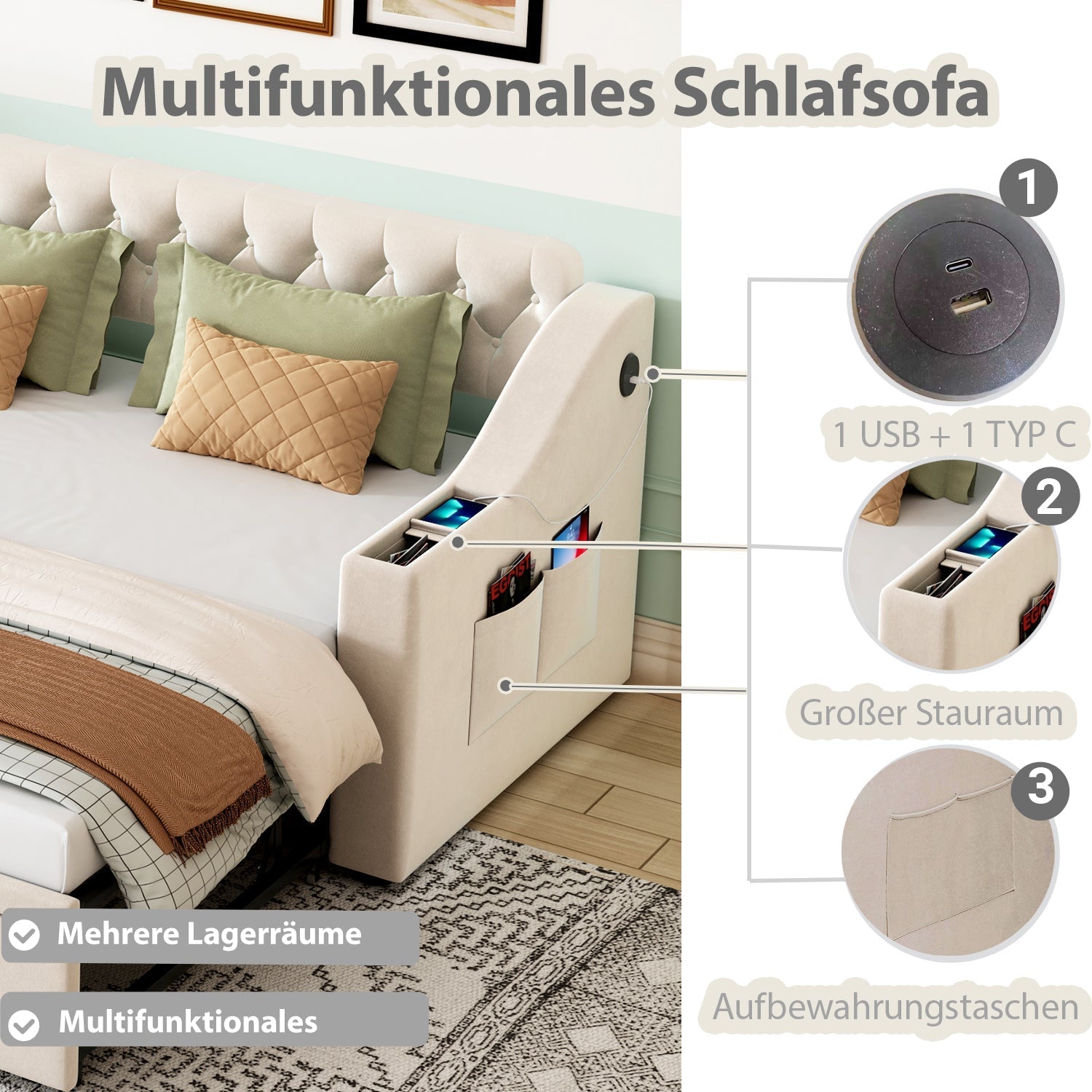 Upholstered Sofa Bed, 90/180*190cm, USB Charging, Storage, Velvet Beige