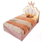 Upholstered Bed 90x200cm Hydraulic Storage LED Crown Shape Adjustable Headboard - PU Pink