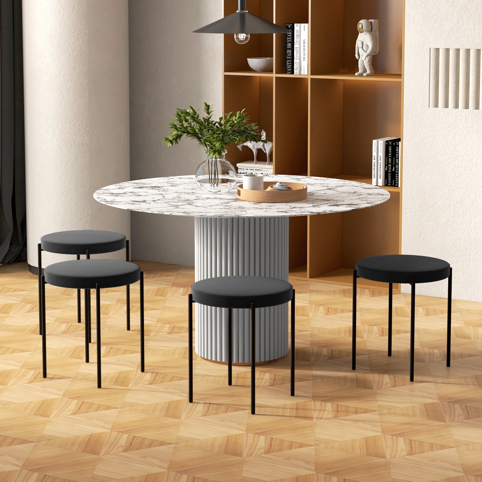 Set of 4 Dining Stools Stackable Upholstered Velvet Look Black Metal