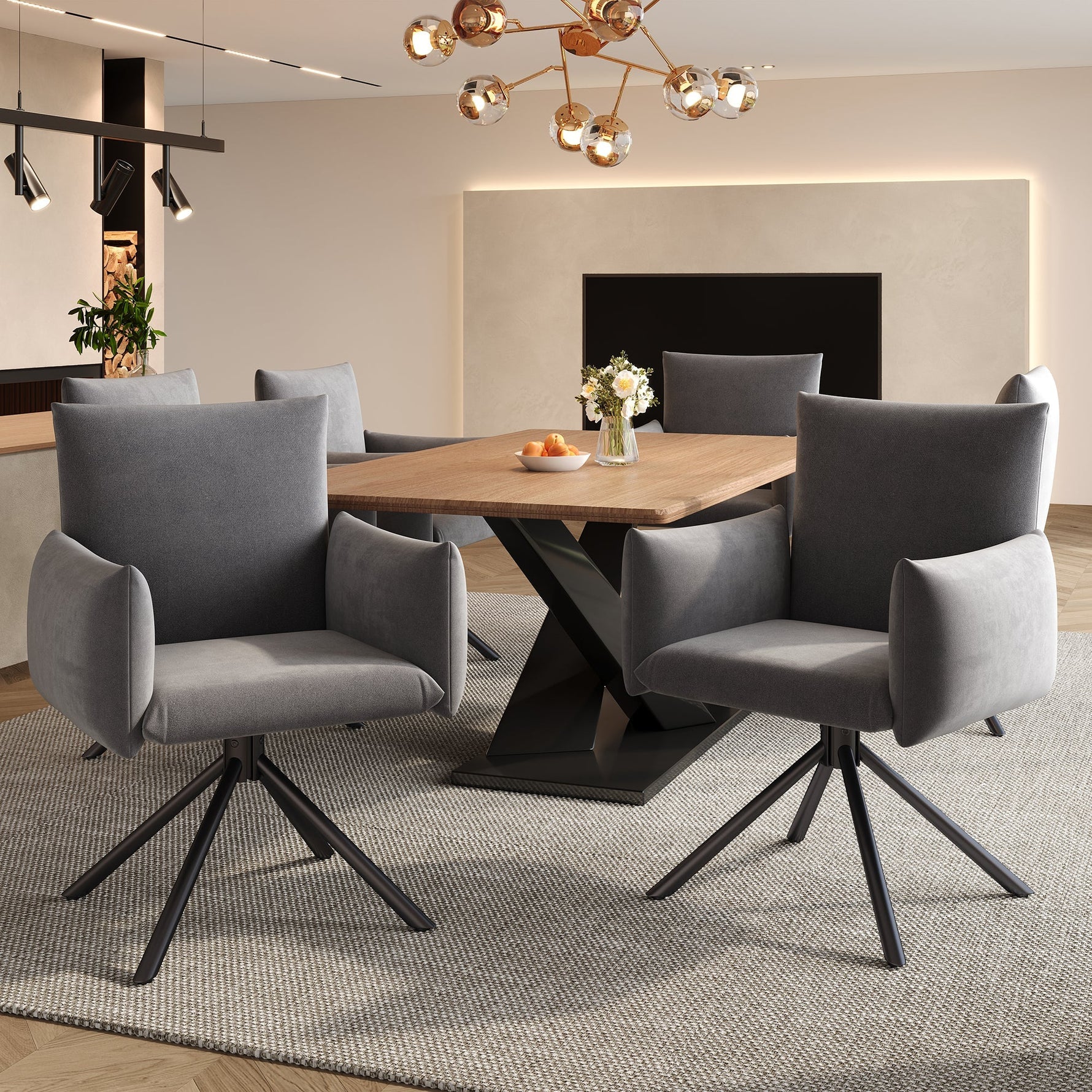 Set of 4 Dining Chairs Upholstered Swivel Metal Legs - Velvet Grey