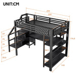 Metal Loft Bed 140x200cm with Stairs, Integrated Desk, Wardrobe, USB Charging and LED Lighting, Black