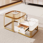 Stackable Coffee Table: High-Gloss Marble, Tea-Brown Glass, Gold Accents, Two-Piece Set