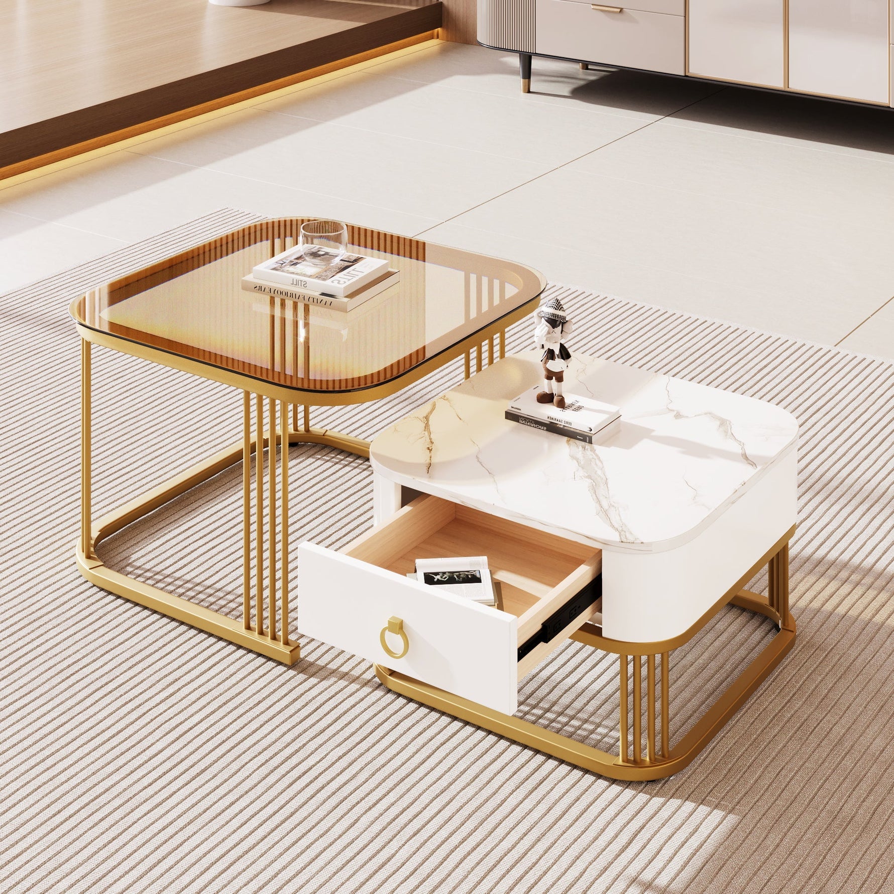 Stackable Coffee Table: High-Gloss Marble, Tea-Brown Glass, Gold Accents, Two-Piece Set