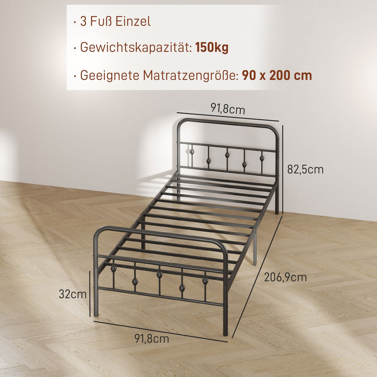 Bed Frame, Foldable, 82.5 cm High, Metal, Black