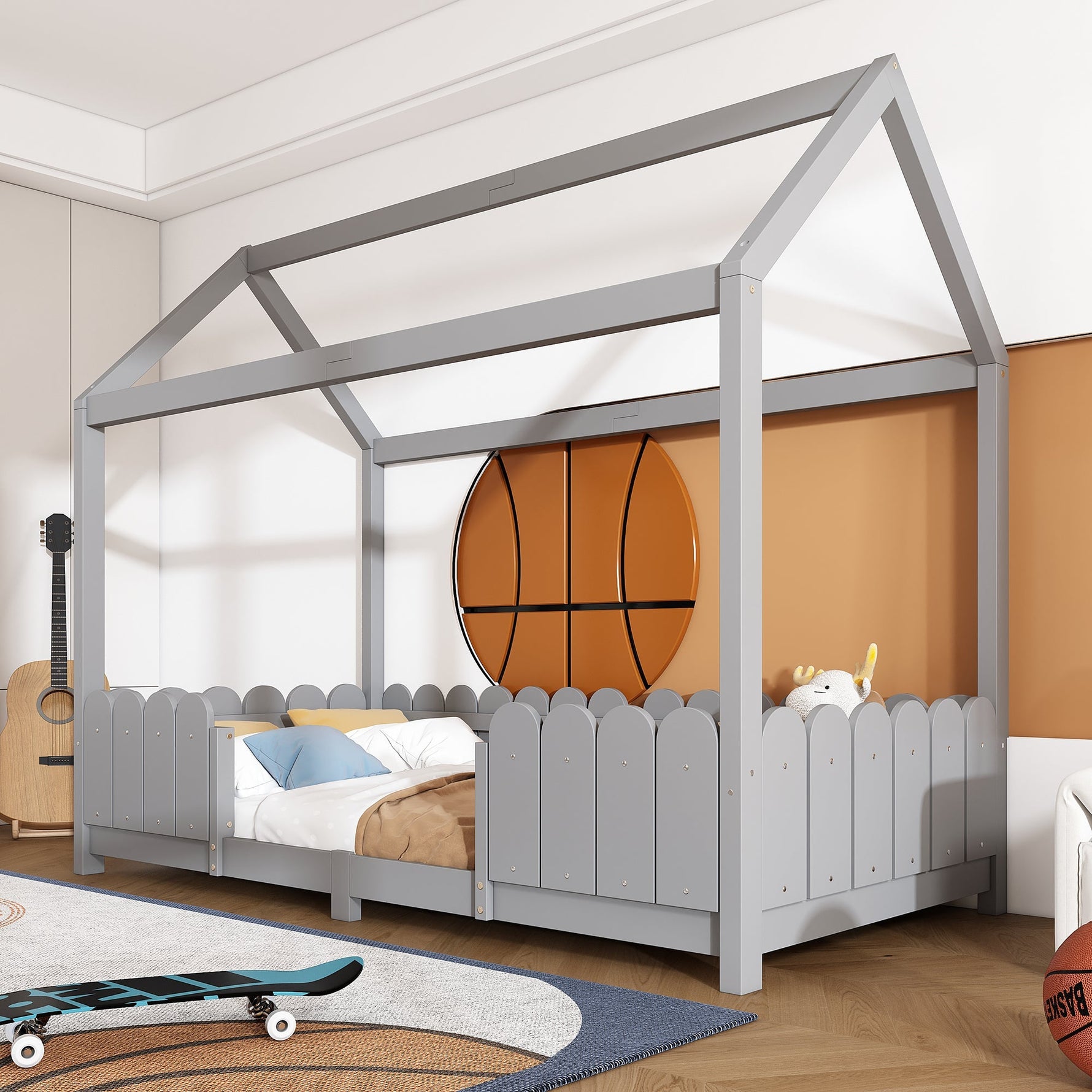House Bed 90x200cm Versatile Children's Bed with Fall Protection and Slatted Frame, Grey