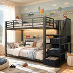 Metal Bunk Bed 90x200cm with Stairs, Storage & LED, Black