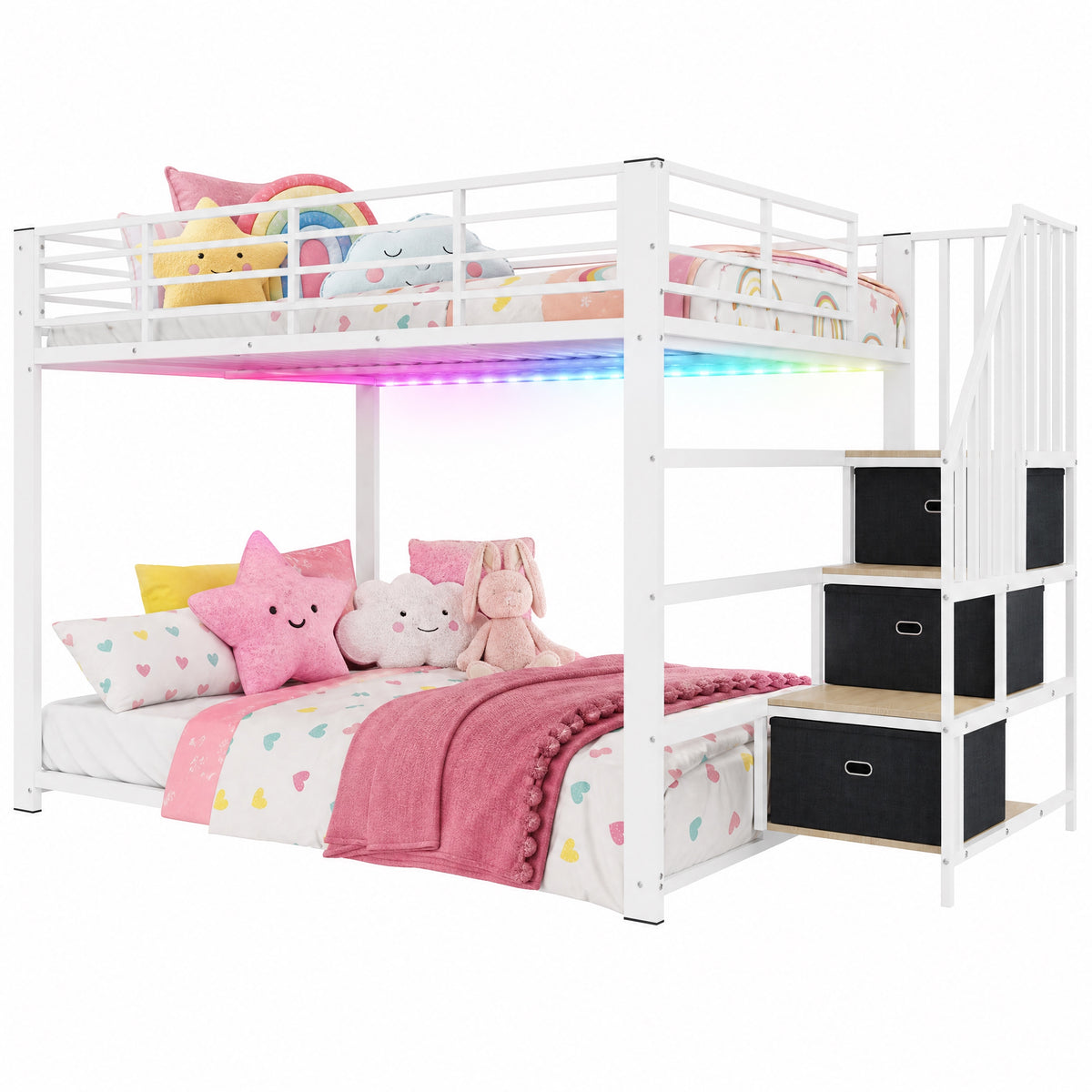 Bunk Bed 140x200 cm with Stairs, Storage & LED Light, White Metal