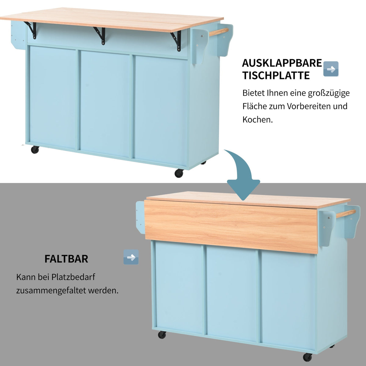 Dining Trolley Sideboard Extendable Fold-Down Worktop Storage Casters Blue/Solid Wood Grain