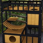Cat House with Platforms, Hanging Bridge, 2 Cats, Wooden, Yellow