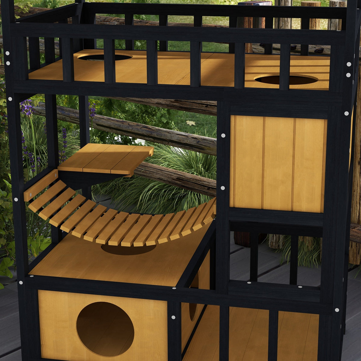 Cat House with Platforms, Hanging Bridge, 2 Cats, Wooden, Yellow