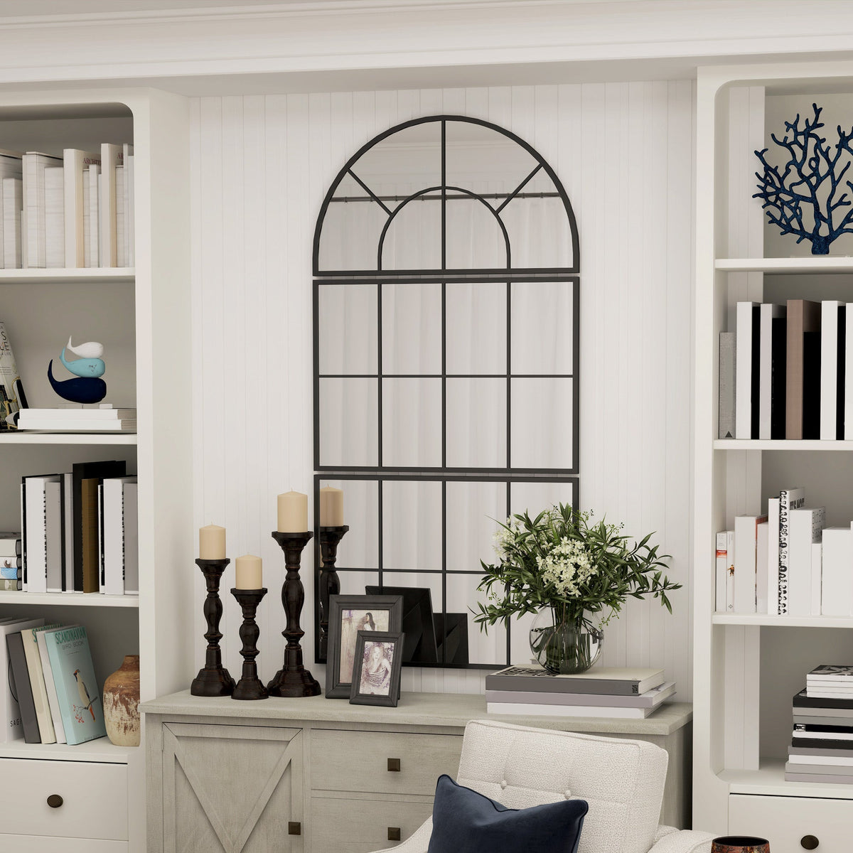Three-Piece Arched Wall Mirror, Decorative Window Hanging, Black Metal Frame