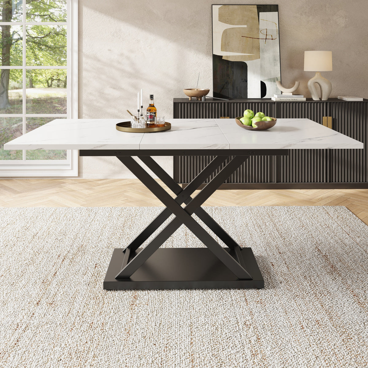 Telescopic Dining Table Extendable 120-160x80cm Crossed Iron Legs - White Marble/Black