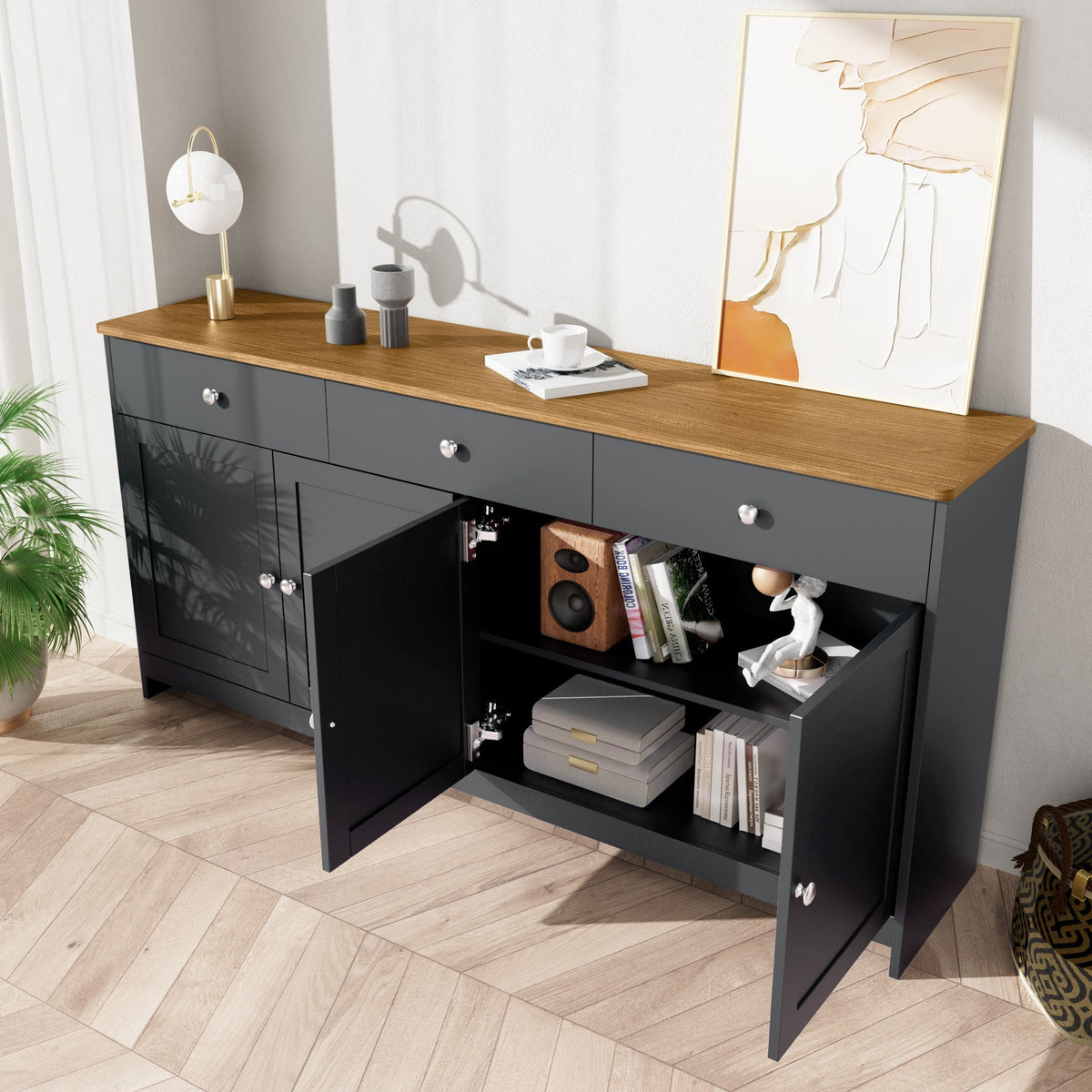 Sideboard Storage Cabinet, 4 Doors 3 Drawers Wood Grain, Grey and Black