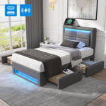 Upholstered Bed 90x190 cm with LED, USB & 4 Drawers, Grey PU