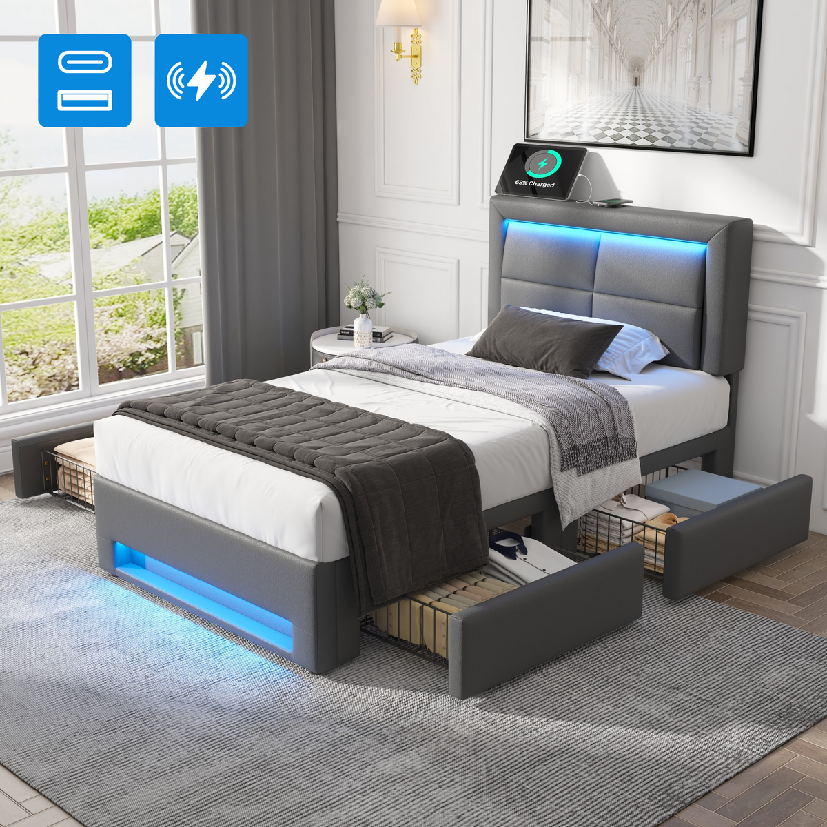 Upholstered Bed 90x190 cm with LED, USB & 4 Drawers, Grey PU