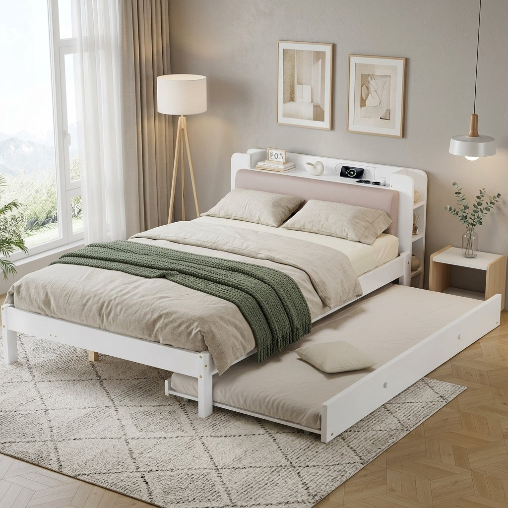 Functional Bed 120x200cm with Pull-Out Bed & Storage, White Wood