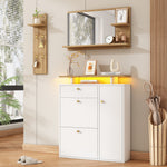 Hallway Wardrobe Set with LED Mirror, Hat Shelf and Shoe Cabinet, Natural and White
