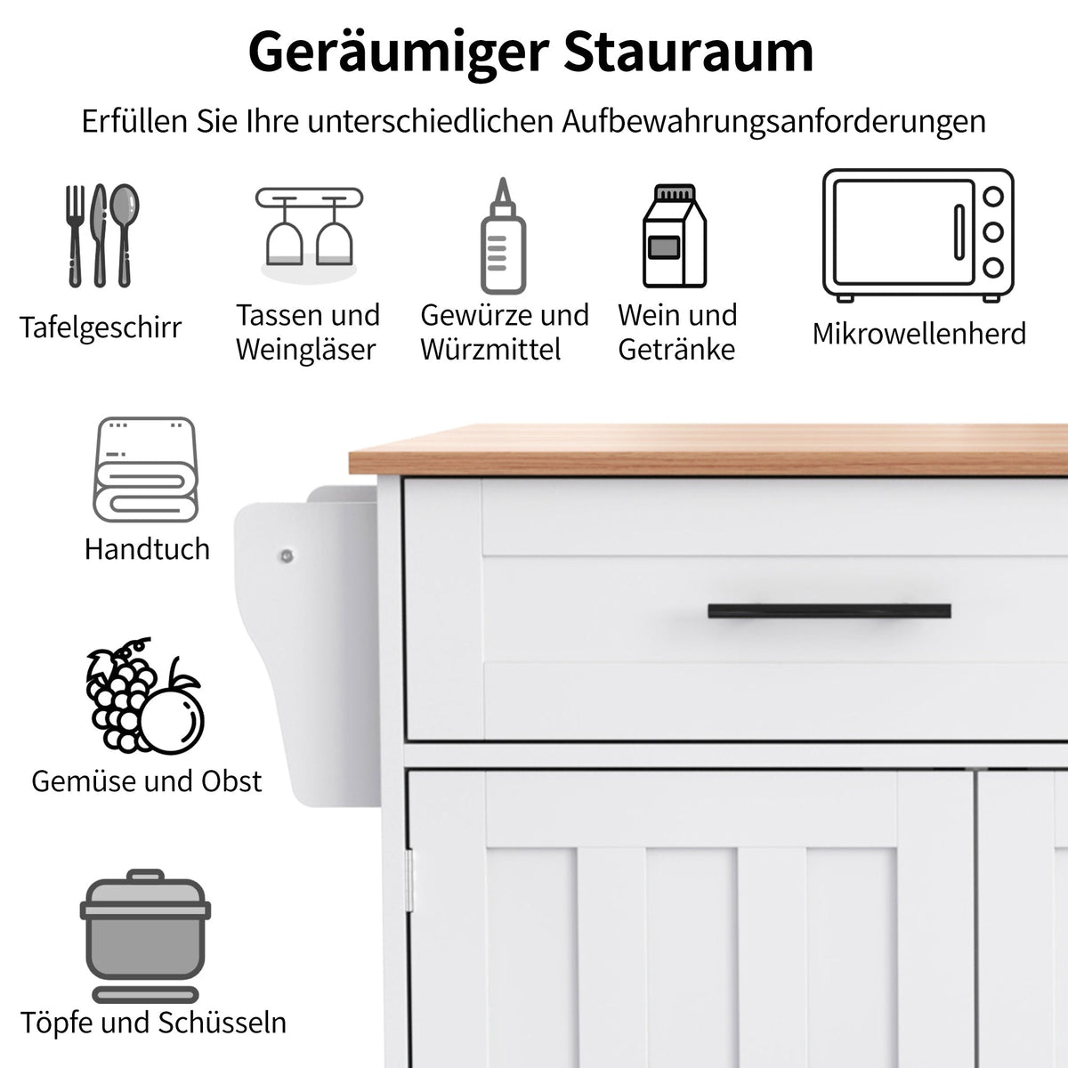 Dining Table Trolley/Sideboard, Folding Top Kitchen Island 5 Wheels 2 Drawers, White