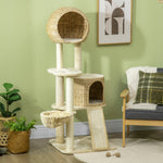 Cat Tree Rattan Cat House, Multiple Platforms, Hammock, Ramp, Anti-tip, Plush Beige