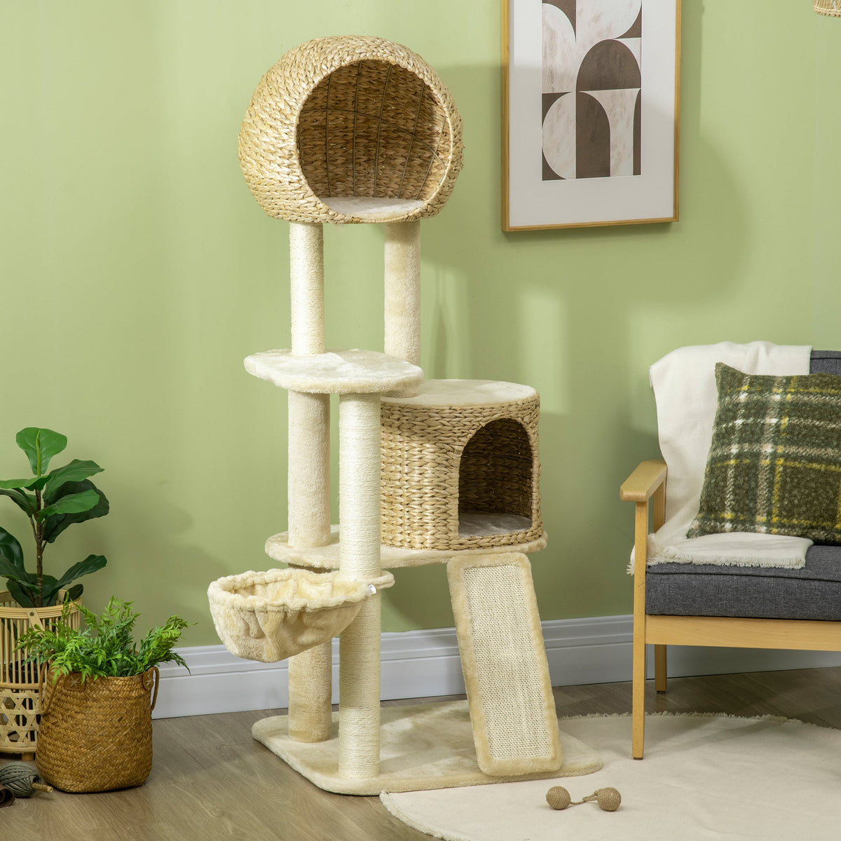 Cat Tree Rattan Cat House, Multiple Platforms, Hammock, Ramp, Anti-tip, Plush Beige