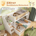 Children's Bunk Bed with Hydraulic Storage and Staircase Wardrobe, 90x200 and 140x200 cm, White and Natural Wood