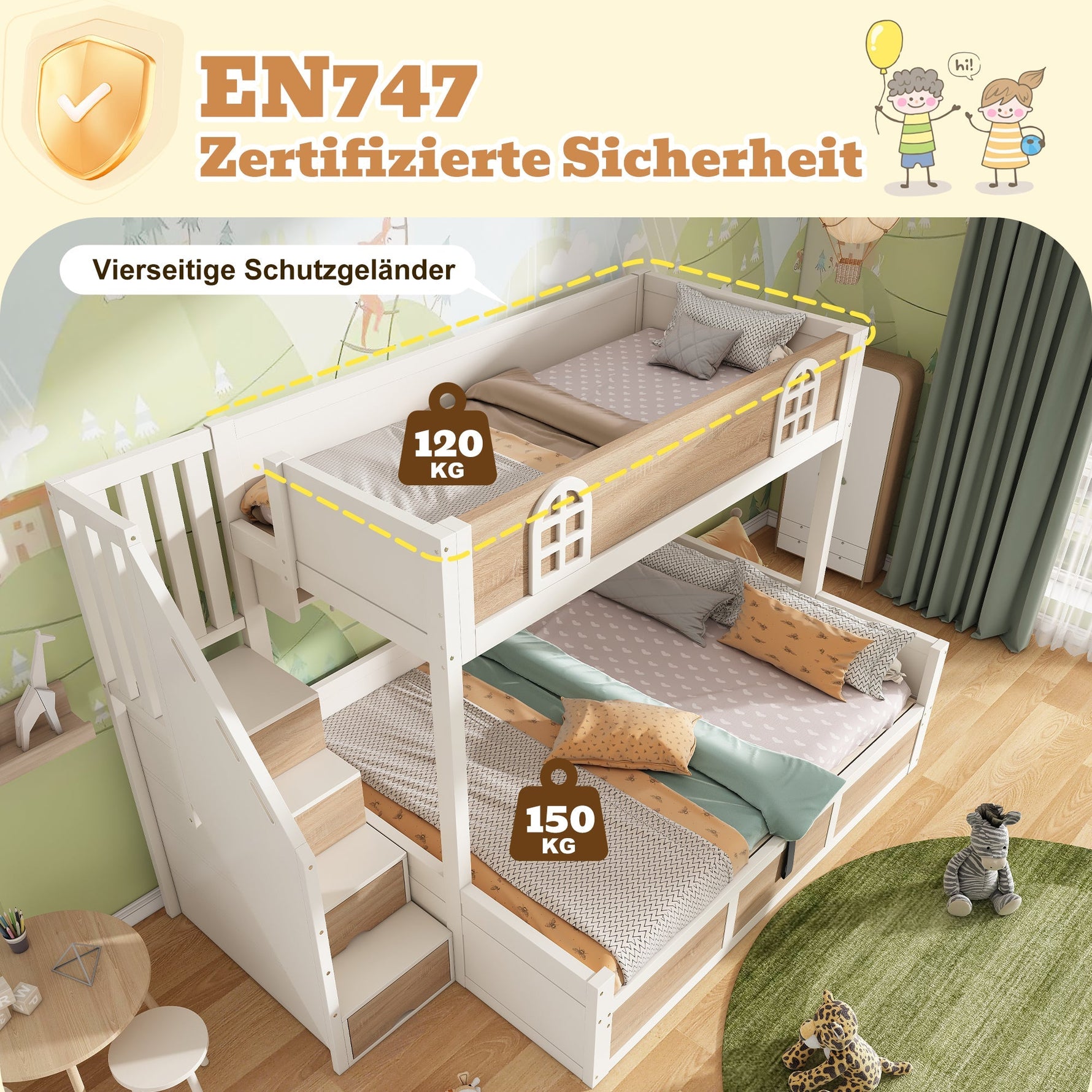 Children's Bunk Bed with Hydraulic Storage and Staircase Wardrobe, 90x200 and 140x200 cm, White and Natural Wood