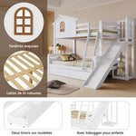 Bunk Bed with Slide & Drawers, Solid Wood Frame, White