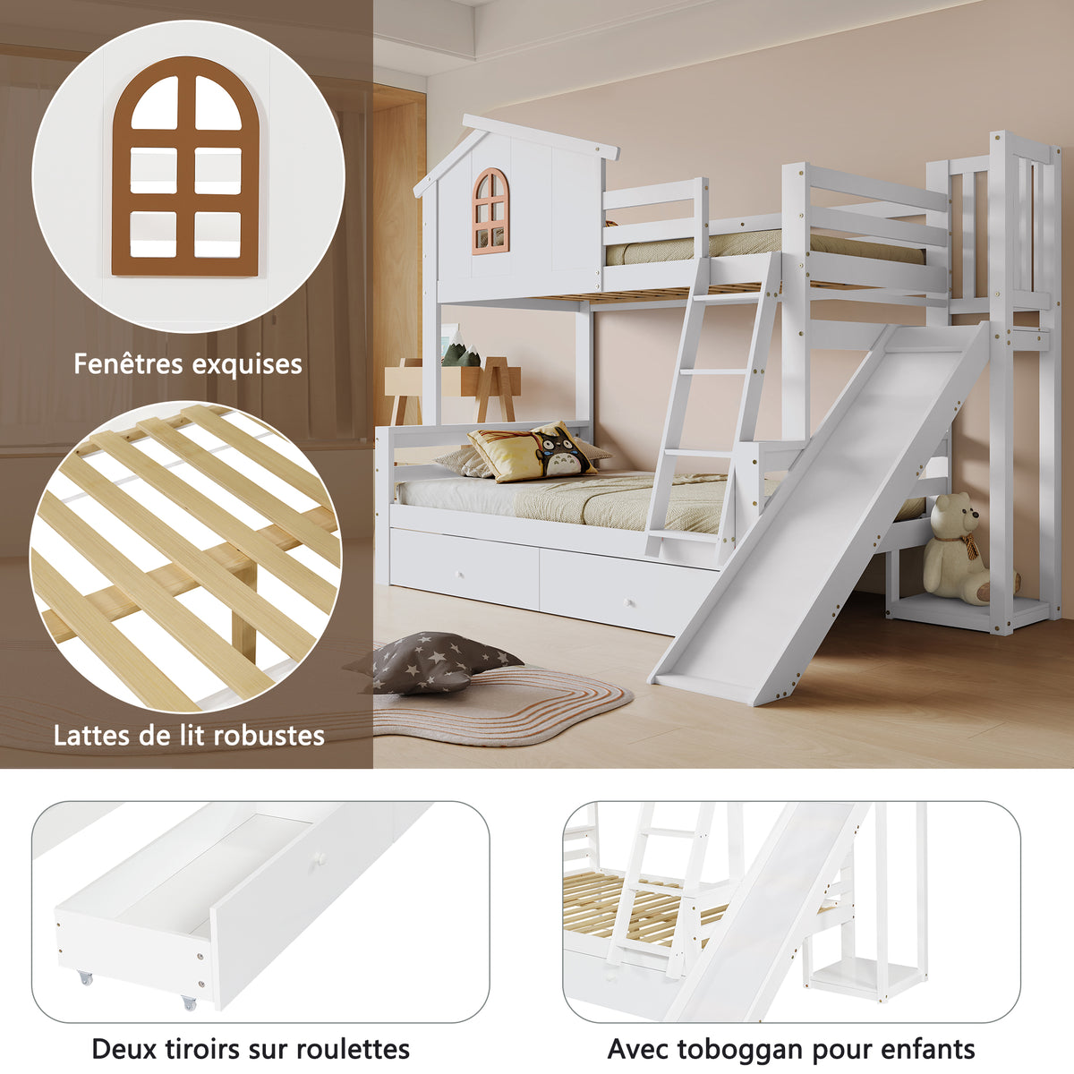 Bunk Bed with Slide & Drawers, Solid Wood Frame, White