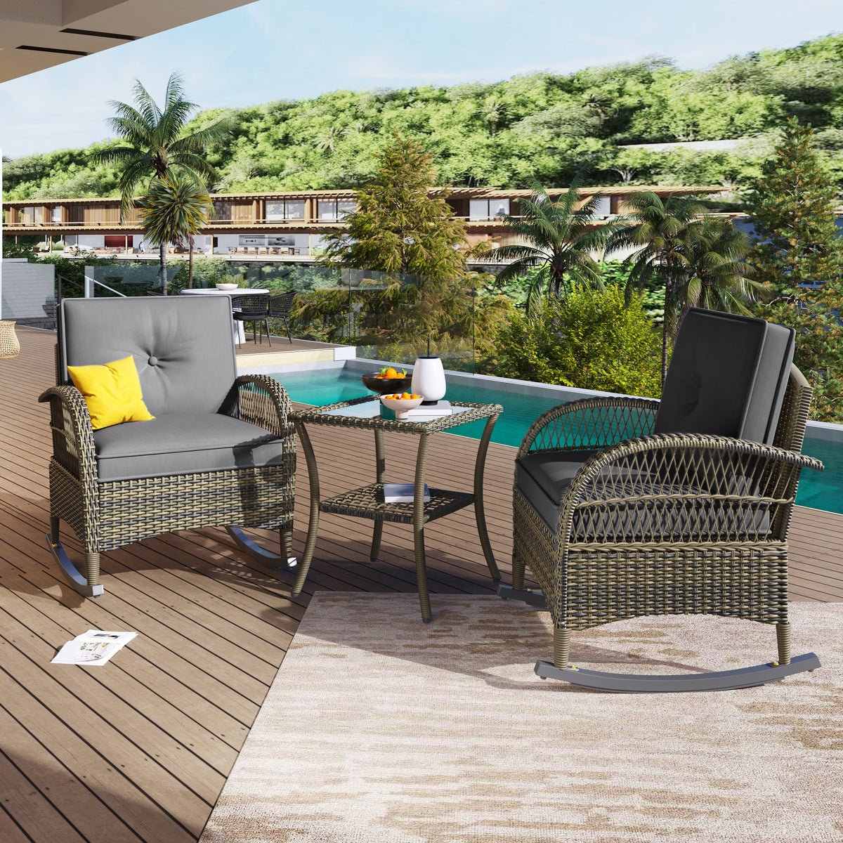 3-Piece Balcony Furniture Set with Cushions, Grey Rattan