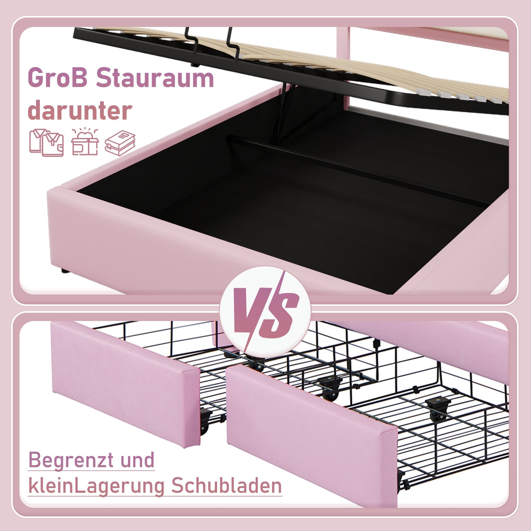Upholstered Bed with LED Lighting and Hydraulic Storage, 140 x 200 cm, Pink PU