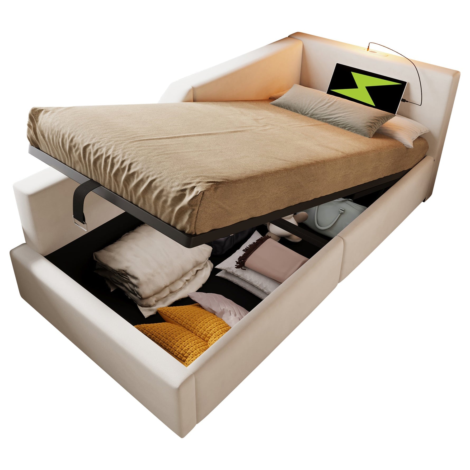 Daybed, 90x200cm Sofa with Hydraulic Storage, Reading Light & USB-C, Velvet Beige