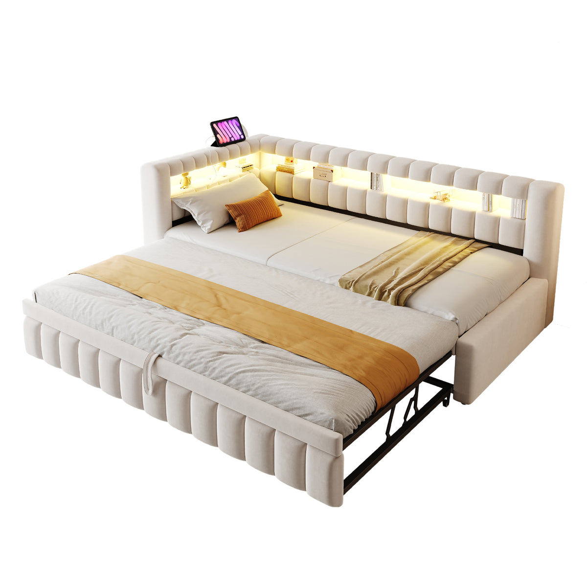 Extendable Sofa Bed 90x200cm with LED & USB, Beige Velvet