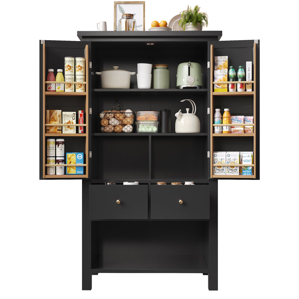 Kitchen Cabinet, Tall Buffet Storage with 2 Doors & 5 Drawers, Black/White
