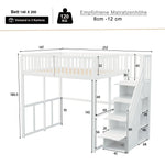 Loft Bed 140x200cm with Safety Storage Ladder and Railing, White Solid Pine Wood