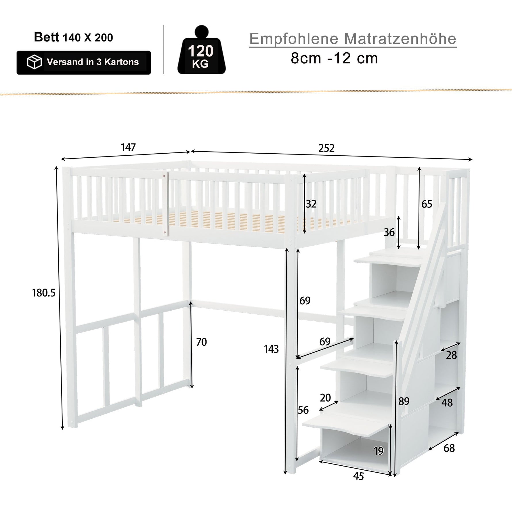Loft Bed 140x200cm with Safety Storage Ladder and Railing, White Solid Pine Wood
