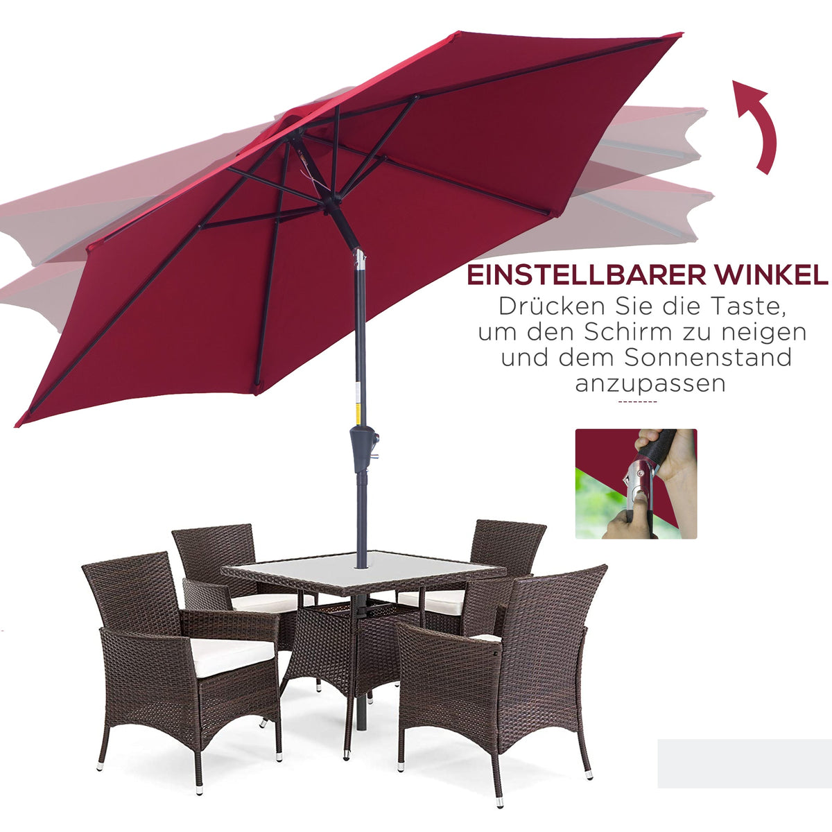 Folding Parasol Garden Umbrella 2.6m Aluminum Hand Crank, Red Polyester