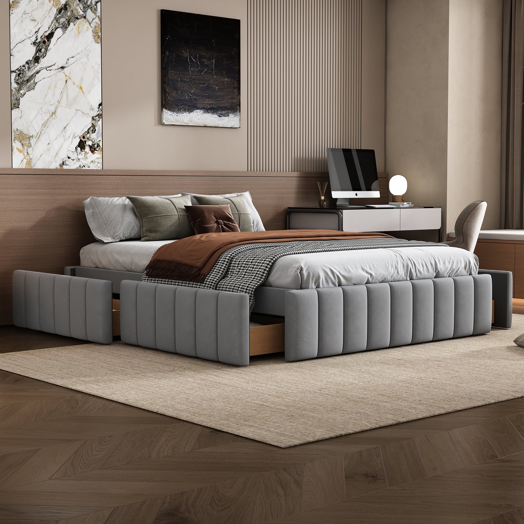 Upholstered Bed 140x200cm Slatted Base No Headboard - Grey