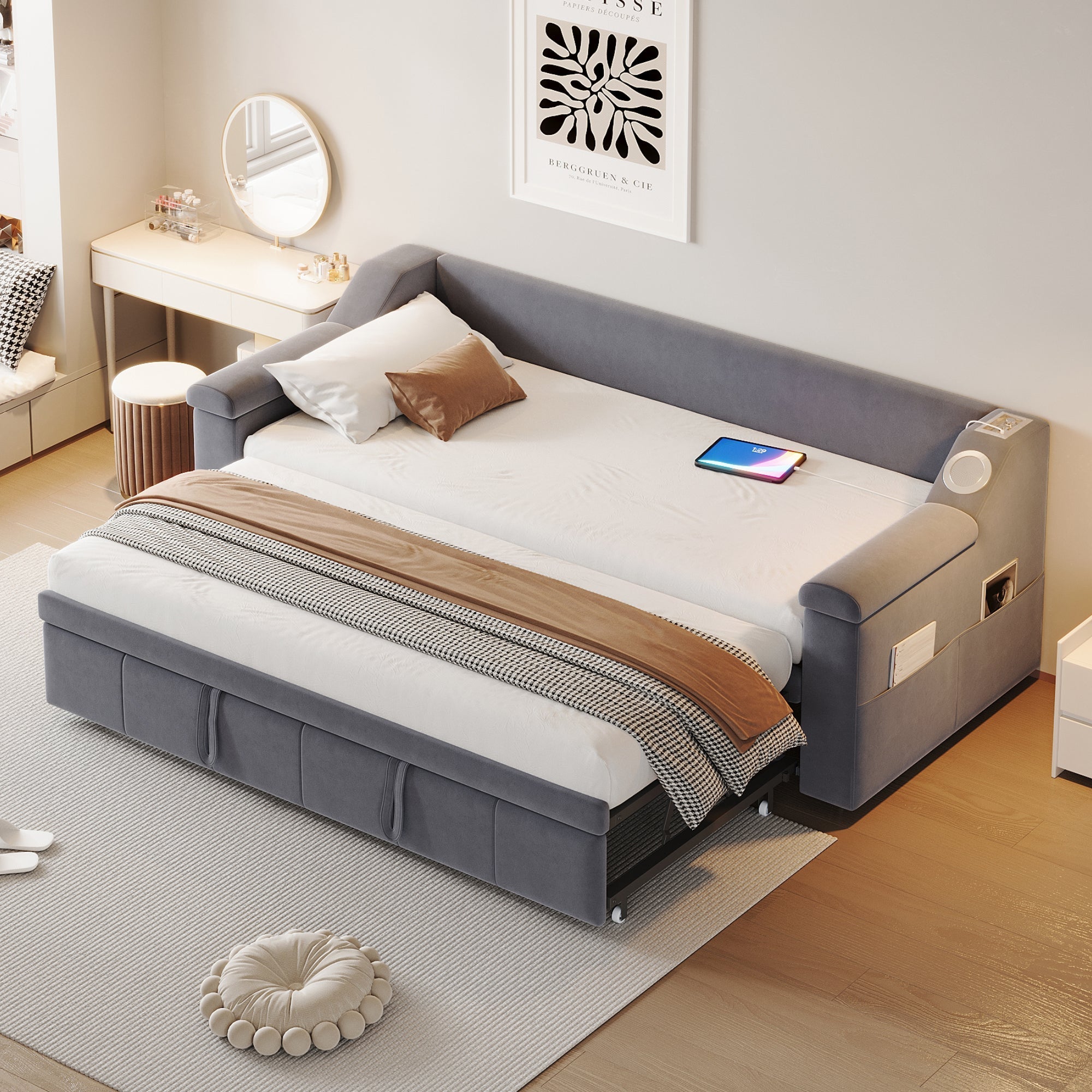 Upholstered Sofa Bed, 90/180*190cm Bluetooth Stereo USB Storage, Grey Velvet