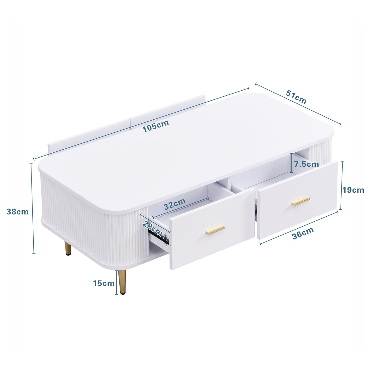 Coffee Table with Drawers, Curved Corners, Wavy Sides, Gold